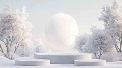 Winter wonderland podium display; snowy trees, moon; product background