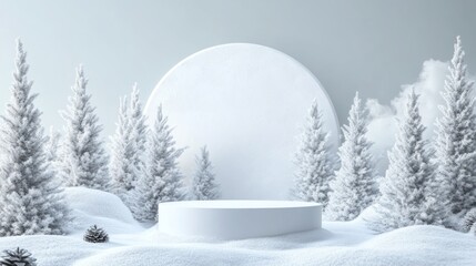 Winter snow scene, product display platform, snowy trees, circular background, holiday marketing