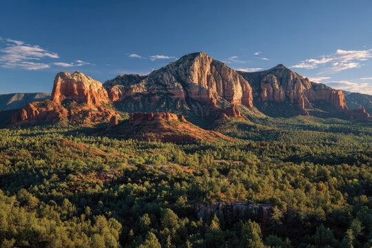 Arizona landscape red rock formations, green forest, blue sky