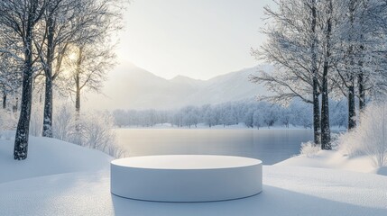Winter snowy landscape with a round platform; ideal for product display