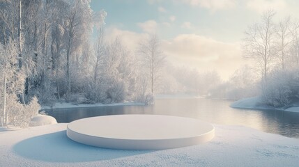 Winter wonderland snowy scene, round platform by frozen lake, serene background, product display