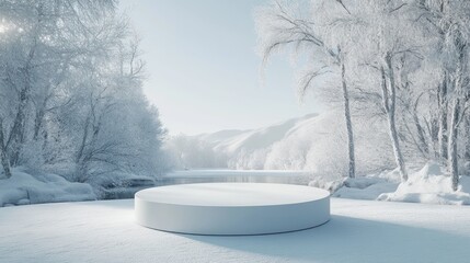 Winter wonderland snowy scene with white platform, ideal for product display