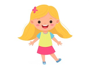 Cheerful young girl with flowing blonde hair, a bright smile, and open arms against a white background