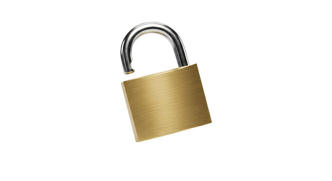 Unlocked brass padlock with a shiny silver shackle, isolated on a stark black background, representing security, access, and freedom.