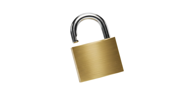 Unlocked brass padlock with a shiny silver shackle, isolated on a stark black background, representing security, access, and freedom.