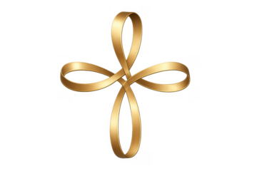 Golden endless ribbon forming a symbolic christian cross, representing faith, spirituality, and divine love