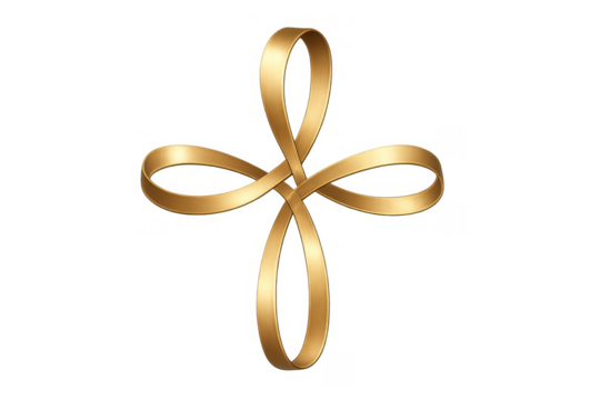 Golden endless ribbon forming a symbolic christian cross, representing faith, spirituality, and divine love