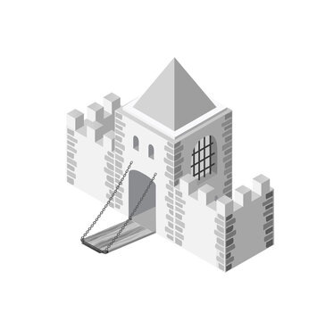Medieval castle fortress building with drawbridge open