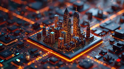 A futuristic cityscape emerges from a complex circuit board, symbolizing the integration of technology and urban development.