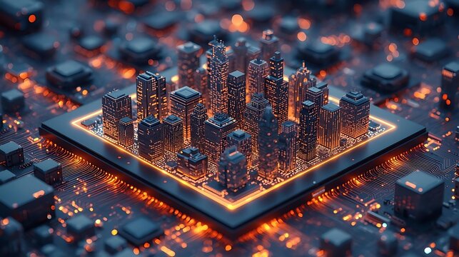 A miniature cityscape rises from a glowing circuit board, symbolizing the fusion of urban development and advanced technology.