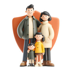 A 3D stylized family stands together behind a protective shield symbolizing safety and security