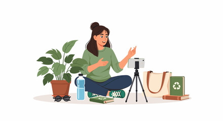 A young woman creates a video blog about sustainable living, surrounded by eco-friendly items and a houseplant, sharing tips and ideas.