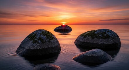 Serene Round Rocks in Calm Water at Colorful Sunset