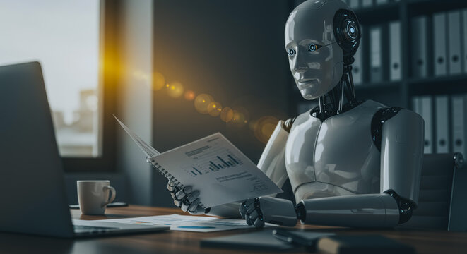 An advanced humanoid robot, a cutting-edge technological marvel, meticulously examines financial data at a desk. The scene captures the blend of innovation and the future of work.