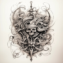 Intricate sketch of a gothic ship's wheel interwoven with dark tentacles, a sharp sword, and mystical symbols, creating a complex and intriguing tattoo-style artwork for a deep fantasy theme