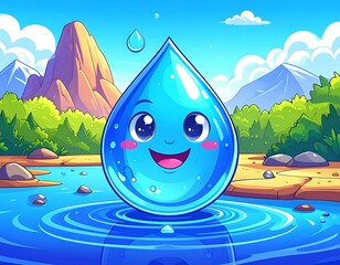 Cartoonish, anthropomorphic water droplet with smiling face near a landscape