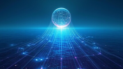 A glowing sphere of interconnected nodes emits bright blue light, casting lines of energy across a dark, futuristic landscape.