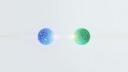 Two glowing spheres, one blue and one green, are connected by a bright light on a white background.