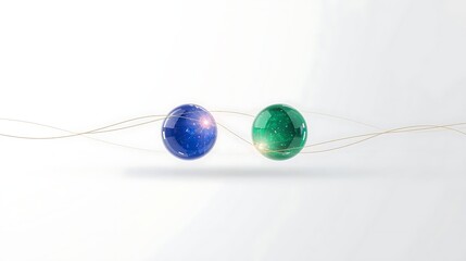 Two translucent marbles, one blue with white specks and the other green, suspended on delicate golden threads against a clean white background.