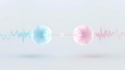 Two translucent spheres, one blue and one pink, are connected by a thin beam of light, with waveform patterns emanating from each.
