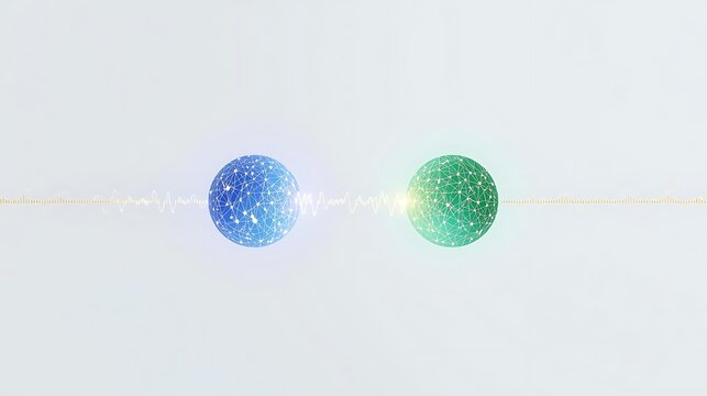 Two glowing spheres, one blue and one green, are connected by a bright light on a white background.
