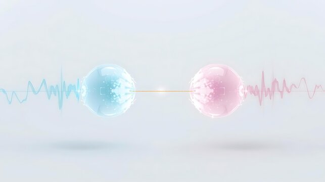 Two translucent spheres, one blue and one pink, are connected by a thin beam of light, with waveform patterns emanating from each.