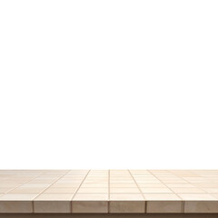 Fototapeta premium Empty wooden table surface facing blurred natural background ideal for product display presentation