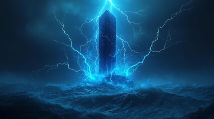 A colossal dark monolith emerges from turbulent ocean waters, struck by intense blue lightning.