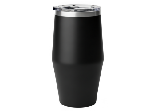 Sleek black insulated tumbler with silver lid isolated on transparent background