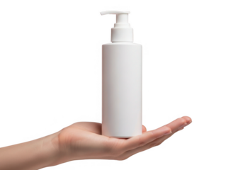 Hand holding a white pump bottle dispenser for liquid soap or lotion isolated on transparent background