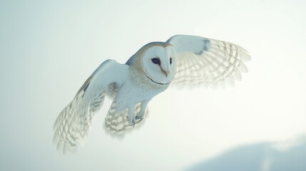 Barn owl flies, bright sky, nature background, photo may be used for article