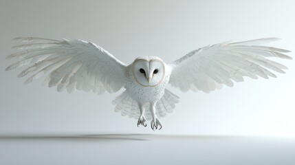 White owl flies in front of white backdrop for use in nature or wildlife stock photos
