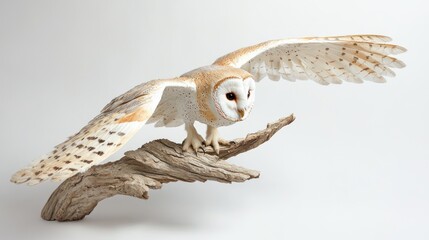 Barn owl perched on branch, wings spread, white background for use in nature, wildlife