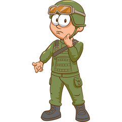 Pixel Art Cartoon Soldier In Military Uniform Pondering With Open Hand And Questioning Expression White Background Isolated