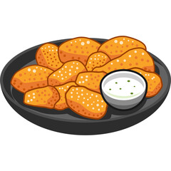Pixel Art Chicken Nuggets With Ranch Dip In A Black Plate Close Up View Detailed Illustration