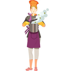 Pixel Art Chef Woman In Orange Hat Purple Apron Stirring Pot With Steam And Green Spheres On Transparent Background