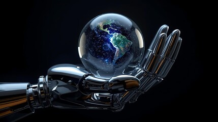 A metallic robotic hand gently cradles a glowing glass orb representing planet Earth.