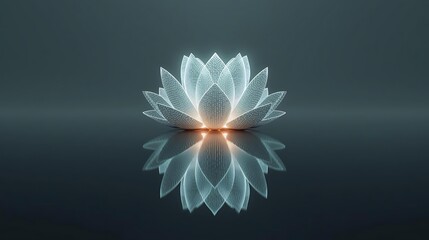 A glowing lotus flower with intricate petals reflected on a dark, still surface.