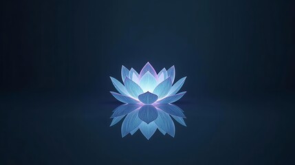 A glowing blue lotus flower with intricate petals reflects on a dark, serene surface.