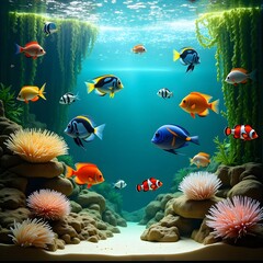 A scene of aquarium fish. A colorful aquarium filled with diverse fish species, including vibrant blue and yellow damselfish, bold red clownfish, and intricate patterned angelfish.