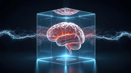 A glowing, detailed human brain encased in a futuristic holographic cube, symbolizing intelligence and advanced technology.