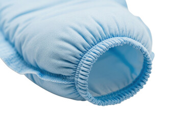 Close up of a light blue disposable protective sleeve cuff with elastic banding isolated on transparent background