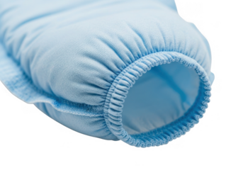 Close up of a light blue disposable protective sleeve cuff with elastic banding isolated on transparent background