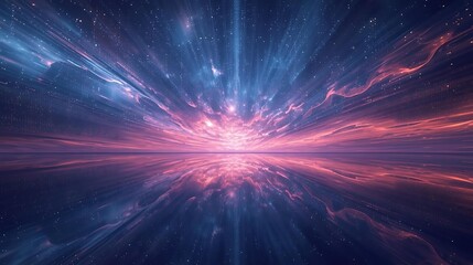 A breathtaking cosmic nebula with vibrant pink and blue hues reflecting on a calm, mirrored surface.