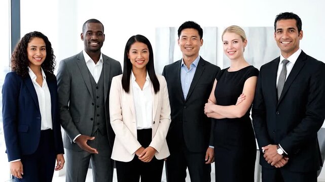 A group of six diverse professionals in formal attire stand and smile