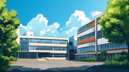 Historic university campus building on a sunny spring day with green lawns and clear sky
