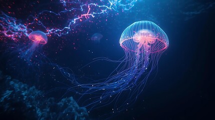 Two bioluminescent jellyfish drift through the deep ocean, illuminated by ethereal cosmic light.