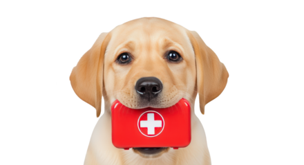 Adorable Labrador Puppy Holding Red First Aid Kit creative illustration featuring close-up, friendly, isolated, white background,