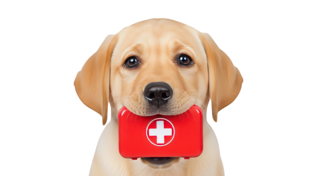 Adorable Labrador Puppy Holding Red First Aid Kit creative illustration featuring close-up, friendly, isolated, white background,