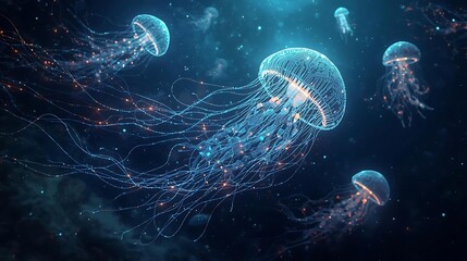 Bioluminescent jellyfish gracefully drift through the deep blue ocean, their ethereal glow illuminating the dark water.